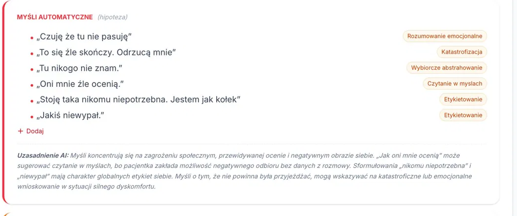 Sekcja Myśli automatyczne: dosłowne cytaty z transkrypcji wraz z polem Uzasadnienie AI